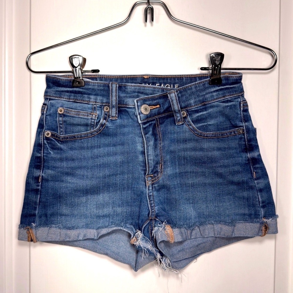 American Eagle High Rise Shortie Denim Shorts Medium Wash Stretch Size 00